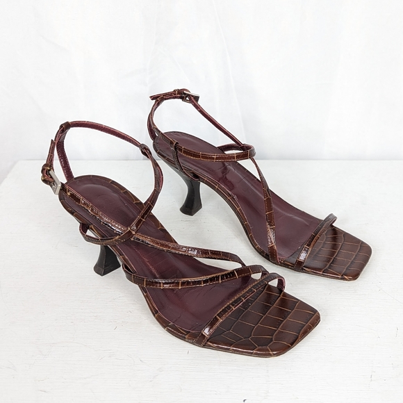 STAUD Shoes - Staud Gita Croc Embossed Brown Leather Square Toe Sandal Heels